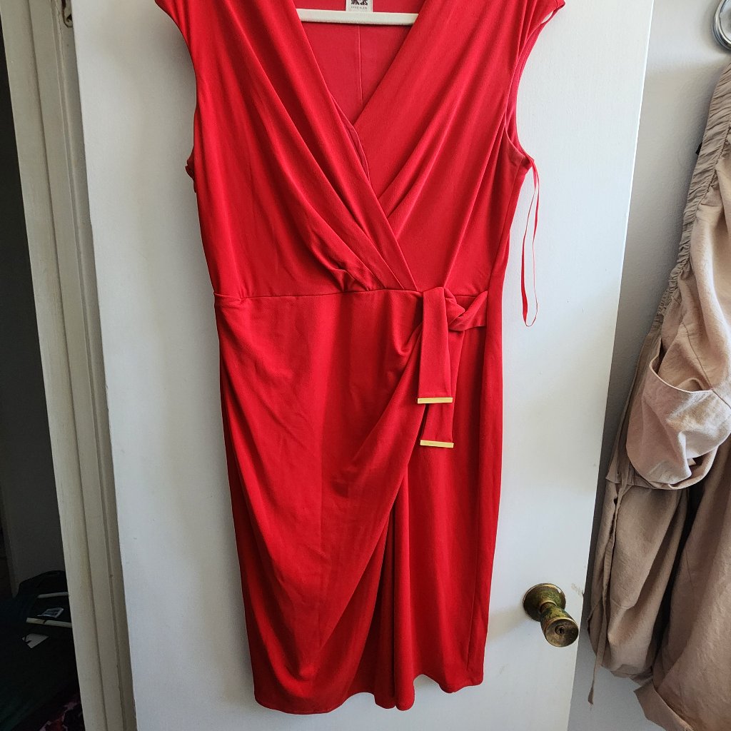 Anne Klein V-Neck Sleeveless Crepe Faux Wrap Midi Dress; Red; S10